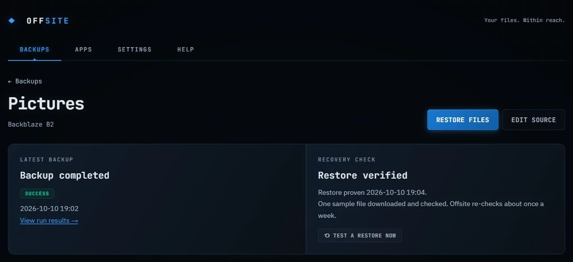A source page showing the latest backup beside a verified restore check, with the date and a Restore files button.